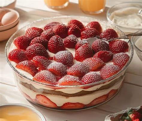 Photo d'une charlotte aux fraises façon tiramisu, montrant les couches de biscuits et de crème