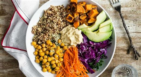 Un bol de buddha bowl coloré et appétissant avec des pois chiches, des patates douces, des légumes verts et une vinaigrette