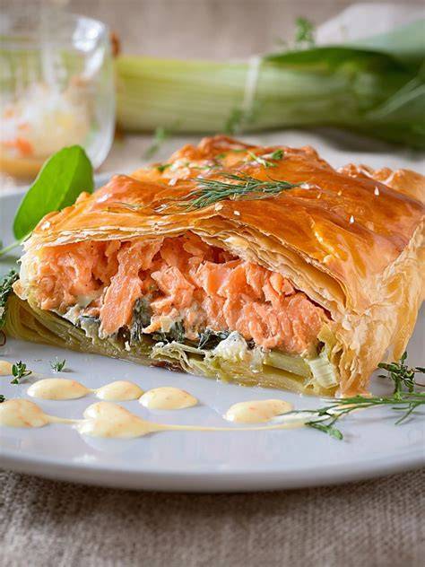 illustration feuilleté saumon-poireaux étape montage