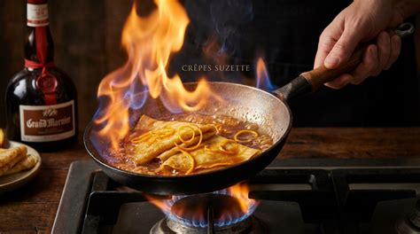 Schéma de montage pour flamber une crêpe Suzette étape par étape