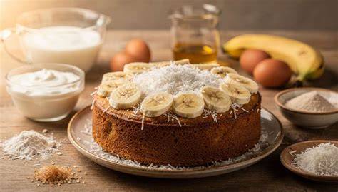 Ingrédients disposés pour gâteau banane coco