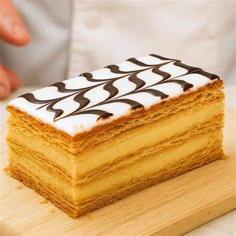 Schéma des couches du mille-feuille: pâte feuilletée, crème pâtissière, fraises, crème chantilly