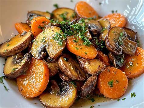 Purée de carottes et champignons déglacés à la sauce soja sucrée