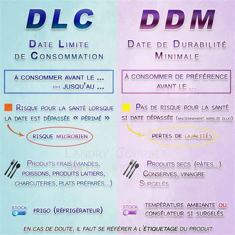 Infographie sur dates DLC et DDM et types d’aliments