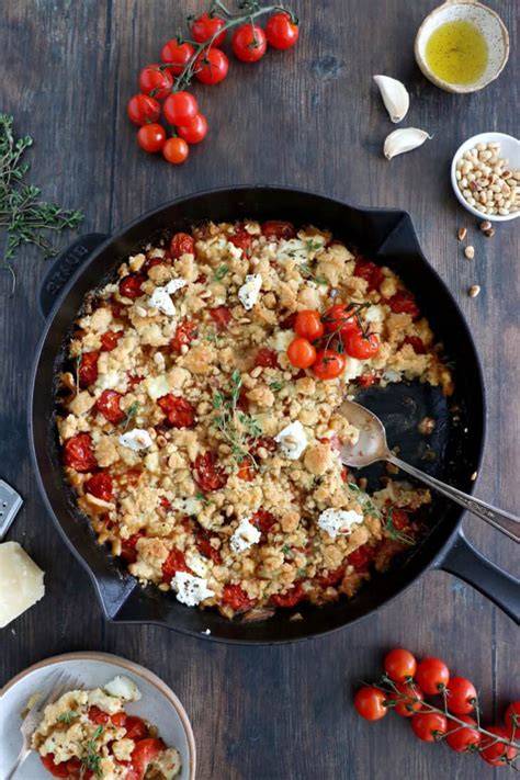 Diagramme de répartition des éléments du crumble dans le plat (tomates en bas, crumble en dessus).