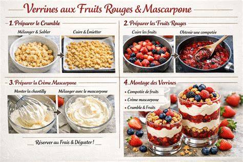 Schéma illustrant les couches: fruits → crumble → cuisson