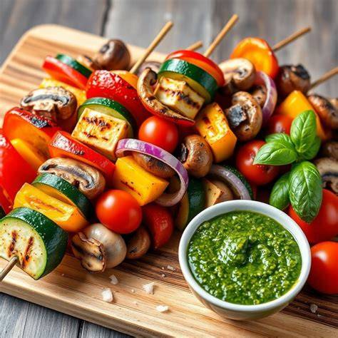 illustration des brochettes avec pesto et légumes