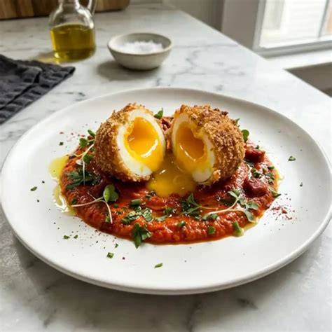 image œuf mollet pané chorizo crème piquillos