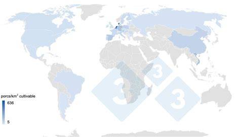 Carte des effectifs annuels de porcs par pays en 2015