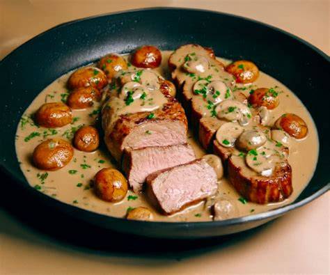 Filet de porc et champignons mijotés