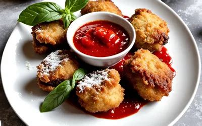 Assiette de beignets d'aubergines avec un coulis de tomates