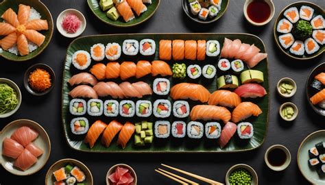 Un assortiment coloré de sushis, makis et sashimis