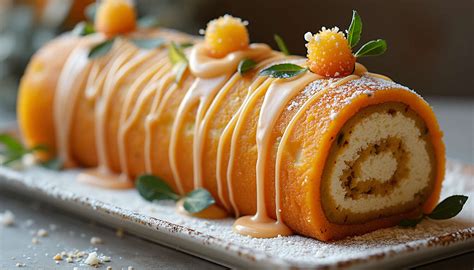 Bûche de Noël décorée avec des fruits de la passion et du praliné