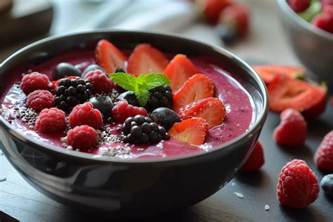 Bol de smoothie aux fruits rouges décoré