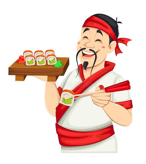 Illustration stylisée d'un chef préparant des sushis
