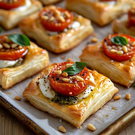 Feuilletés carrés garnis de tomates et mozzarella avant cuisson