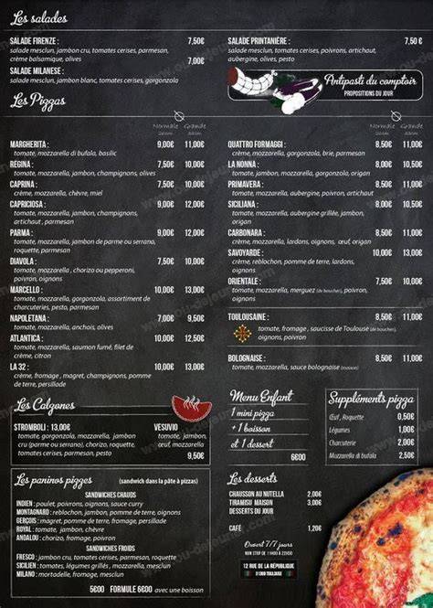 Carte des pizzas et silhouettes des pains