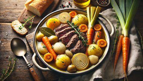 Illustration: schéma de préparation du pot-au-feu avec disposition des ingrédients et étapes clés