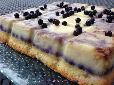 Gâteau magique aux myrtilles et citron coupé en tranches révélant les couches