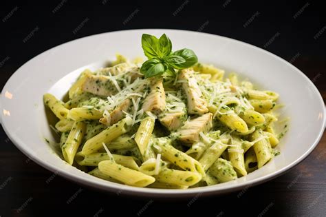 Bol de pâtes crémeuses au pesto avec morceaux de poulet