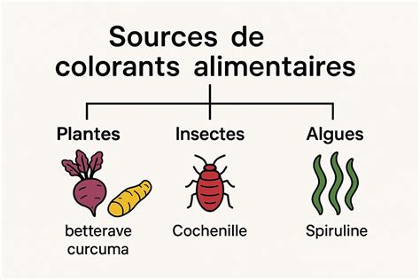 Schéma des sources des colorants alimentaires : plantes, minéraux, synthèses