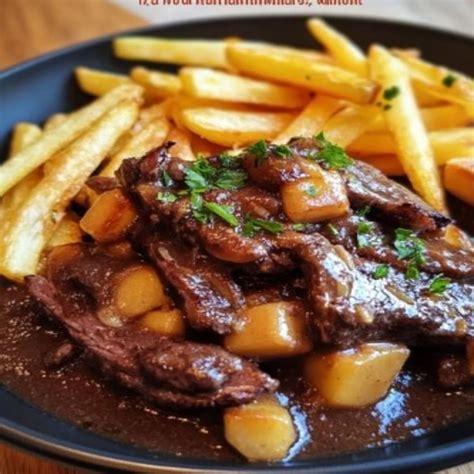 Une assiette dressée avec de la carbonade, des frites et une garniture