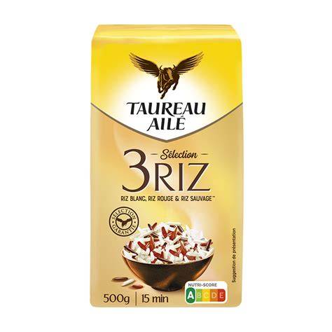Image: Mélange 3 riz complets de Thaïlande (Hom Mali, rouge, noir) avec enveloppe colorée et nutritionnelle.