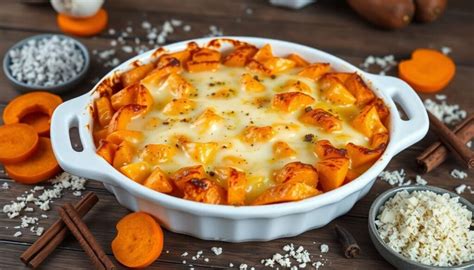Plat de gratin de patate douce, brocolis et comté servi