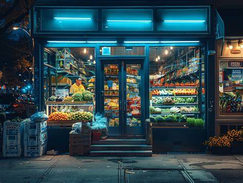 Épicerie de nuit à Grenoble - devanture illuminée