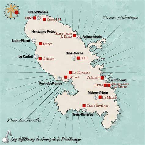 Carte montrant l’emplacement de la Distillerie J.M et le terroir de la Martinique