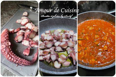 Infographie: Schéma de préparation du poulpe en 2 temps (pré-cuisson puis intégration dans sauce)