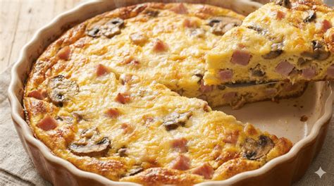 Une quiche sans pâte dorée aux crevettes et champignons sur une table de cuisine