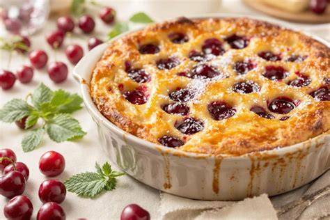 Illustration d’un clafoutis cerises crumble avec crumble doré et cerises brillantes