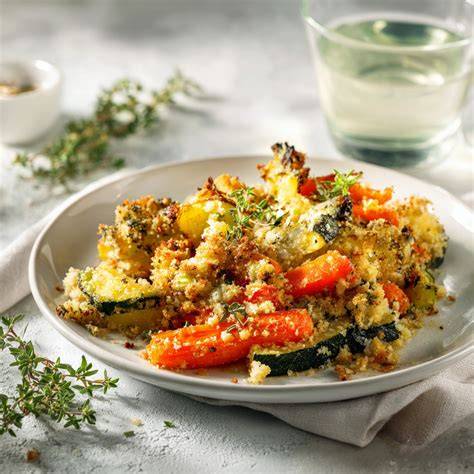 Infographie: Étapes de préparation et assemblage du crumble de légumes avec couscous