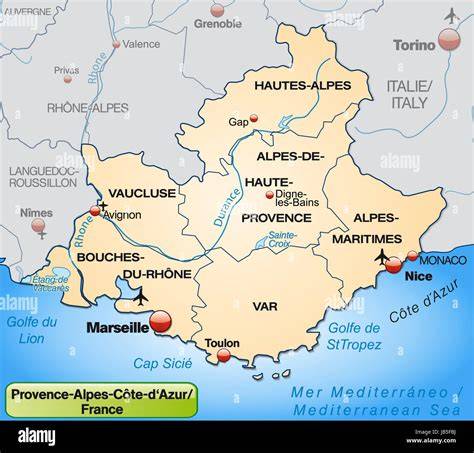 Carte géographique de la région Provence-Alpes-Cavoie avec Martigues et Marseille