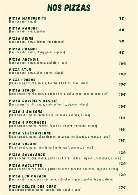 Carte des pizzas