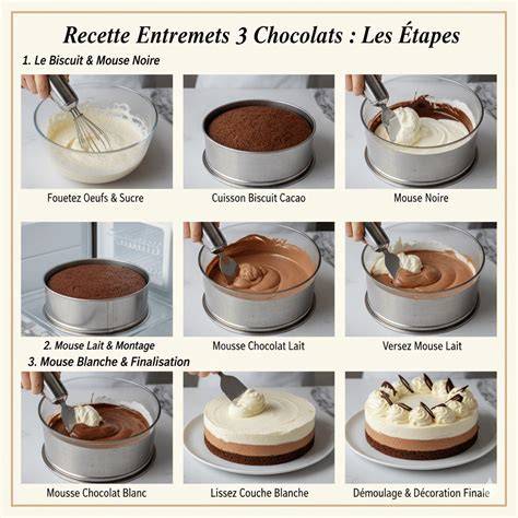 Infographie sur les étapes du montage entremets trois chocolats (biscuit, mousse noire, mousse lait, mousse ivoire, glaçage miroir)
