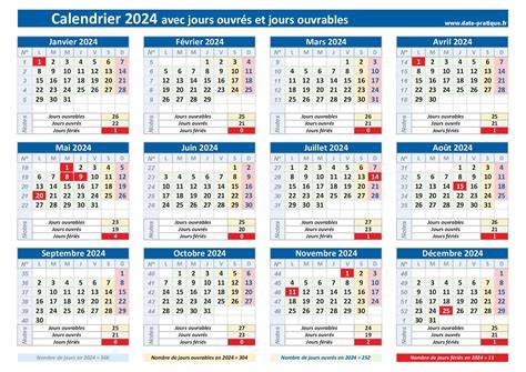 Exemple de calendrier avec jours ouvrés et jours fériés marqués