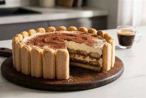 tarte tiramisu entière sur fond rustique