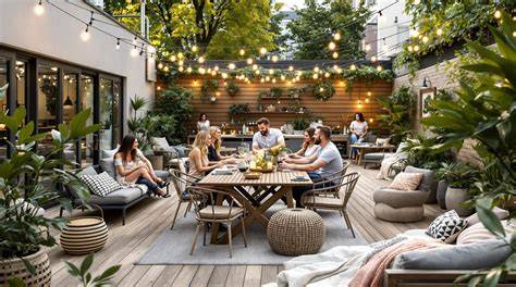 Plan intérieur et terrasse agréable, avec espace convivial pour familles et amis