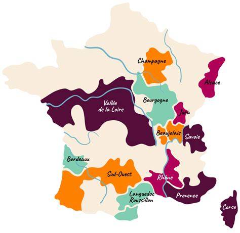 Carte des régions viticoles françaises pour accords mets-vins