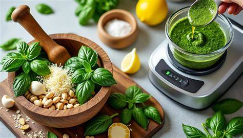 schéma des méthodes: mortier vs mixeur pour pesto