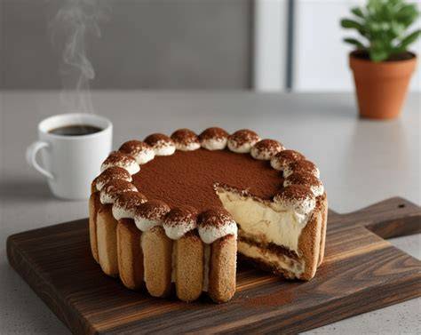 Image d’une tarte tiramisu finement dressée sur canapé de cacao et biscuits imbibés