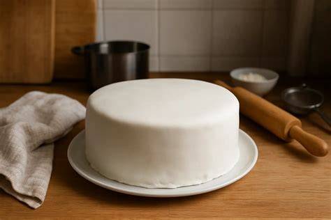 Gâteau décoré avec pâte à sucre blanche lissée sur le dessus et les côtés