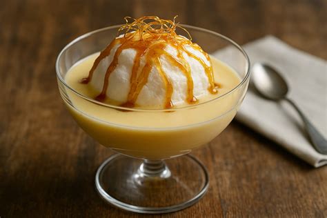 Dessert Île Flottante sur fond de crème anglaise