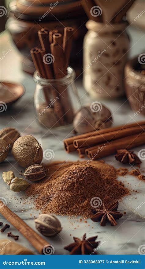 Spices for hot chocolate: cinnamon sticks, vanilla pods, nutmeg, lime zest