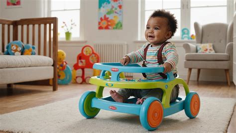 Bébé dans un trotteur coloré explorant son environnement