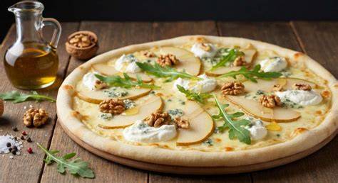 Illustration d’une pizza blanche avec poire et fromages