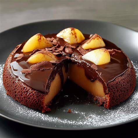 Gâteau au chocolat avec insert poires et ganache Carambar
