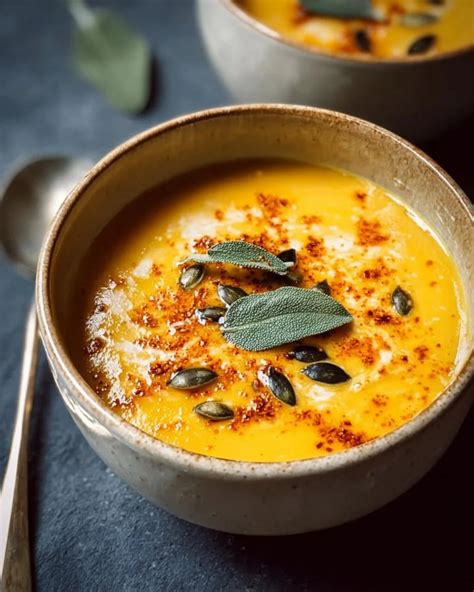 Bol de velouté de courge butternut et patate douce garni de graines de courge grillées
